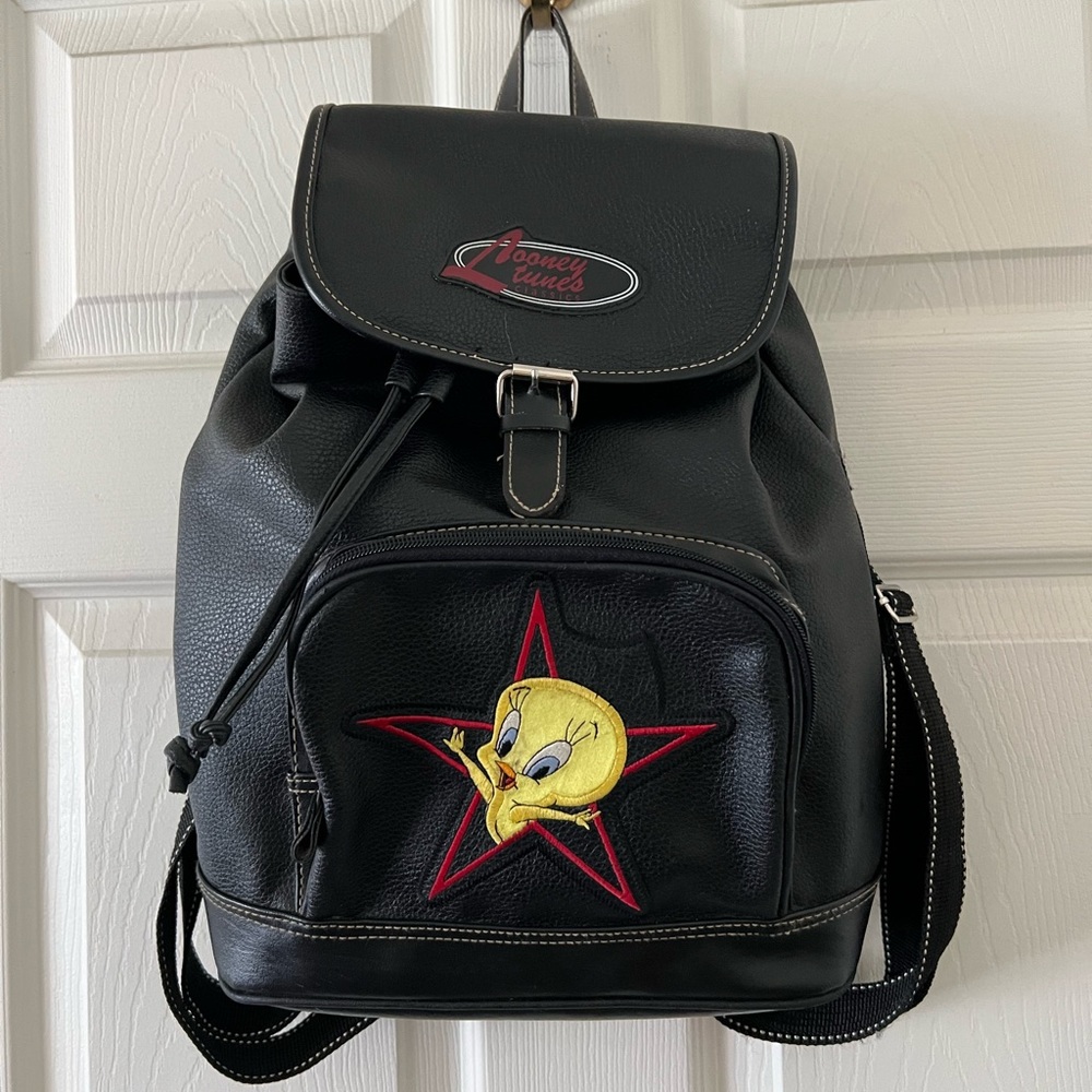 Vintage Looney Tunes Tweety Star Black Leather Backpack